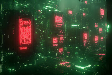 Futuristic city with glowing neon signs and digital structures.