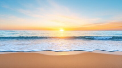 Golden Sunrise Over Calm Beach with Gentle Waves and Clear Skies
