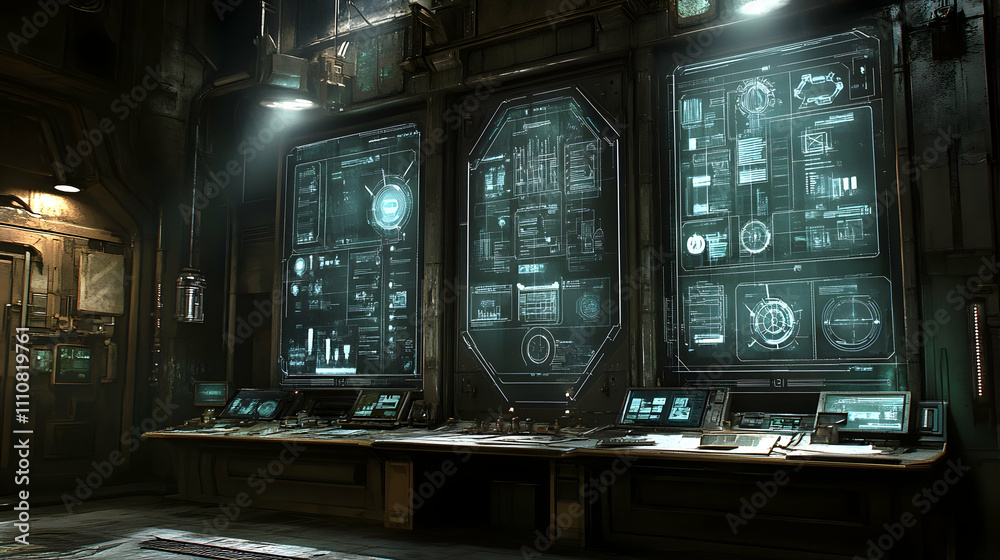 Poster Futuristic control room with multiple screens displaying data and schematics.