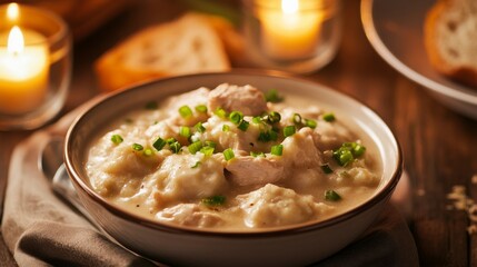 Photo of, A bowl of comforting chicken and dumplings garnished with freshly chopped parsley, Chicken and dumplings bowl centered