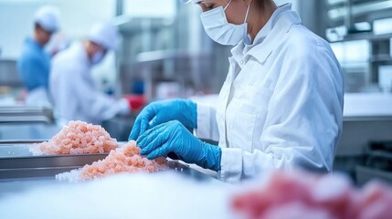 A worker in a food processing facility handles raw meat, wearing gloves and a mask for hygiene and safety.