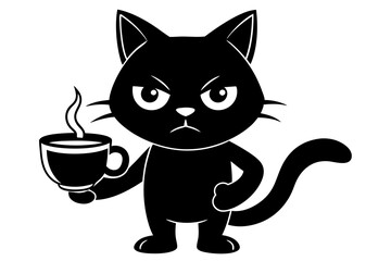 Fototapeta premium Angry cartoon black cat with cup of coffee vector illustration 