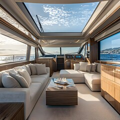Classy yacht cabin with panoramic windows and modern furniture. Neutral tones with wooden accents for a sophisticated sea journey.