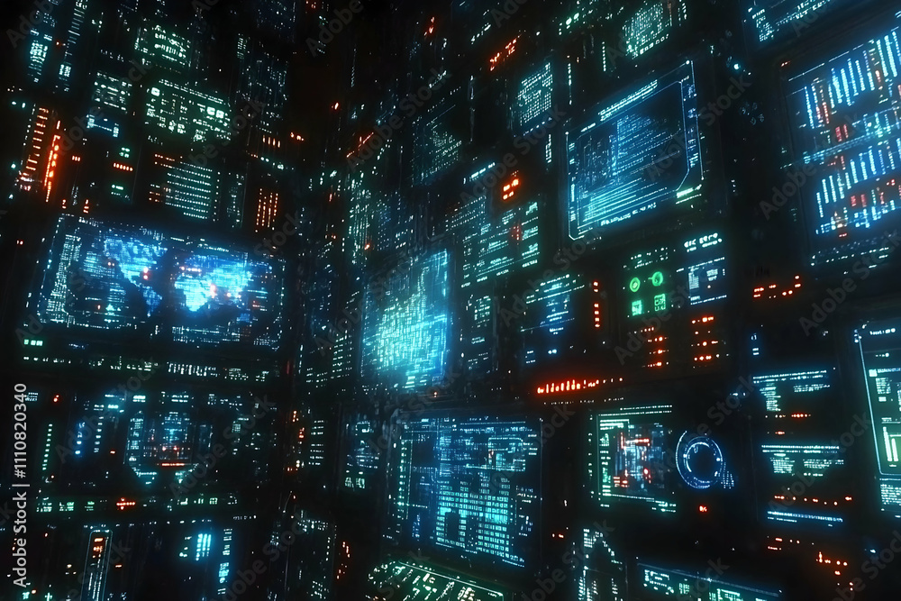 Poster futuristic digital interface with glowing screens displaying data and maps.