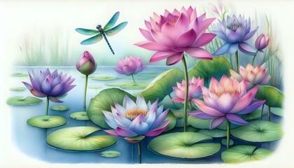 Serene Lotus Pond with Dragonfly