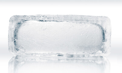 Natural textured ice block with internal cavity isolated on a white background with reflection.