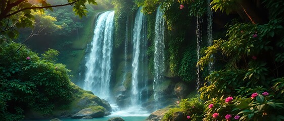 Obraz premium Magical Waterfalls in Lush Green Landscape