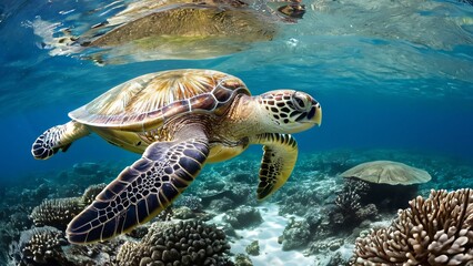 Obraz premium Sea Turtle Gliding Over Coral Reef in Crystal-Clear Sunlit Water