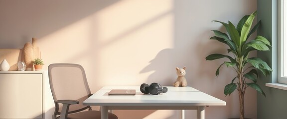 serene home office setup with pastel walls and ergonomic chair for remote work images