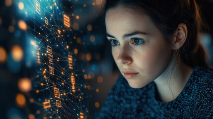 A focused young woman engages with digital data displayed in front of her, highlighting themes of technology and innovation.