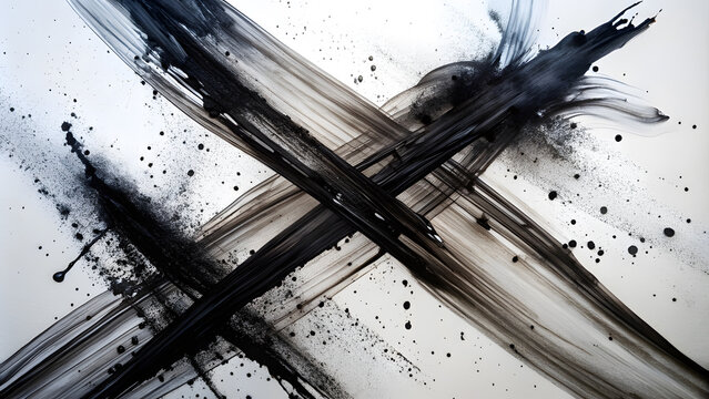 Abstract Black Ink Streaks on White Canvas. Perfect for: Modern art galleries, Monochrome themes, Minimalist branding