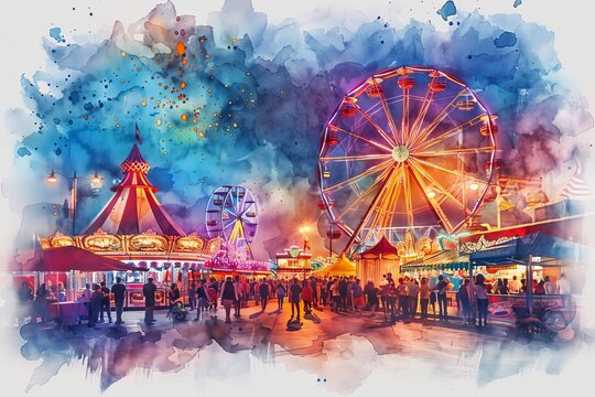A vibrant carnival scene with lights, rides, and joyful crowds in a watercolor style.