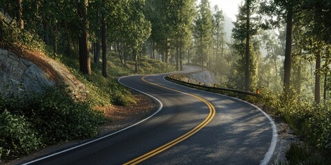 Fototapeta premium A steep and narrow curve road engineered for safety, with clear reflective markers along the edges. The road ascends through dense forest under soft morning light.