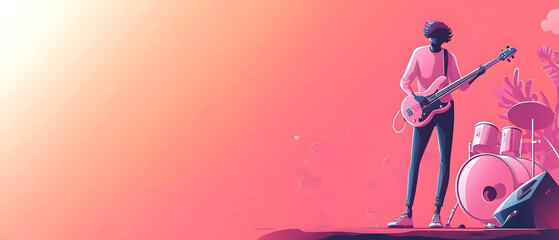 Stylish Musician Playing Bass Guitar on Pink Stage with Drums