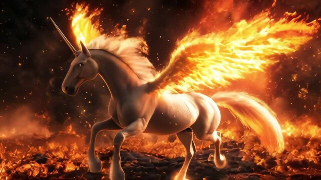 A majestic fire unicorn with flaming wings and horn gallops through embers. Perfect for fantasy and mythology projects.. AI Generation