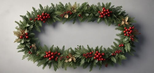 A beautifully decorated Christmas wreath made of evergreen and holly leaves, beautiful doorframe, greenery arrangement, holly leaves