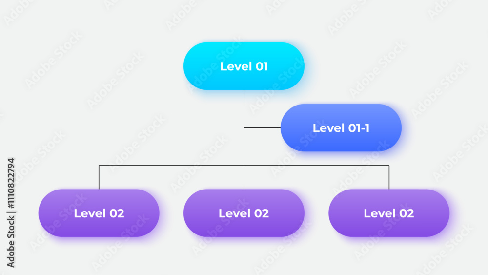 Poster Business hierarchy chart infographics. Corporate organizational structure graphic elements with 2 levels. The top-level connects to three subordinate nodes