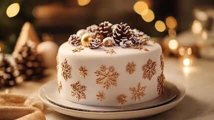 Fototapeta premium A New Year cake designed with winter motifs, including frosted snowflakes, pine cones, and shimmering gold accents, sitting in a warmly lit festive environment.