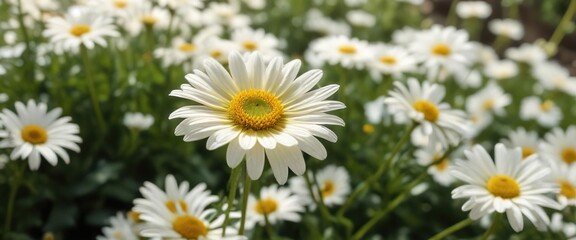 Obraz premium A bright yellow daisy nestled among delicate white petals in a sunny garden, sun, warm