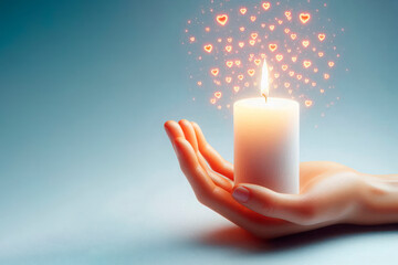 Burning candle in hand with hearts. Space for text.
