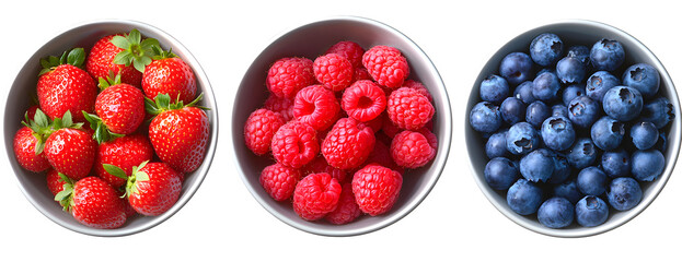 Top view of blueberries, strawberries and raspberries in bowls over isolated transparent background