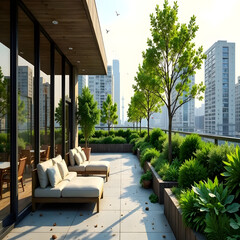 Modern, ecological, green home. Terrace, a place for rest in the urban space. Urban greenery, urban ecology
