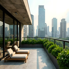 Modern, ecological, green home. Terrace, a place for rest in the urban space. Urban greenery, urban ecology