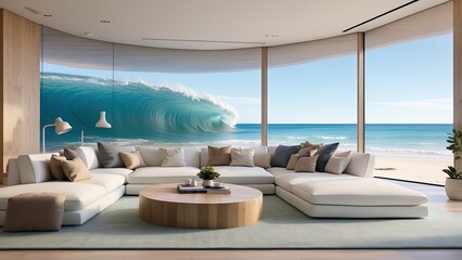 Beachfront living room with smart glass for privacy and an AI sound system replicating ocean waves.