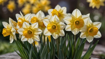 White and yellow daffodil flowers with flower garden bokeh background
