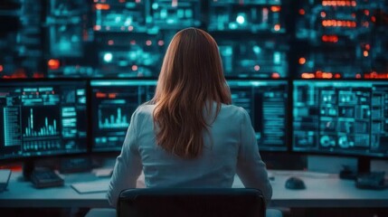 A woman monitors multiple screens displaying data and graphs in a high-tech, darkened environment, emphasizing cybersecurity and data analysis.