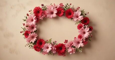A delicate floral wreath made of pink and red flowers against a warm beige background , earthy tones, floral wreath