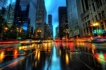 Rainy Night in Chicago's Magnificent Mile: Cityscape Reflections