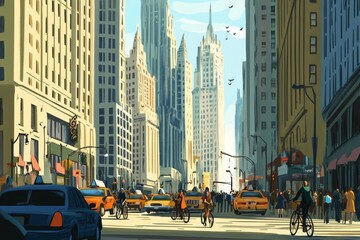 Obraz premium A Sunny Day in the City: Yellow Cabs and Cyclists on a Busy Street
