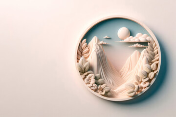 Three-dimensional illustration with a mountain landscape. Space for text.
