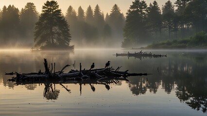 An early morning view of a mist-covered lake surrounded by towering trees. The tranquil water reflects the serene ambiance, creating a peaceful and calming atmosphere.