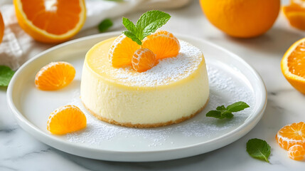 Fototapeta premium Mandarin Orange Cotton Cheesecake with Yuzu Curd and Citrus Supremes, Japanese Dessert Photography