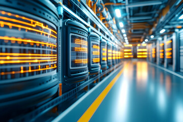 Naklejka premium Futuristic server room interior with glowing data displays and metallic infrastructure.