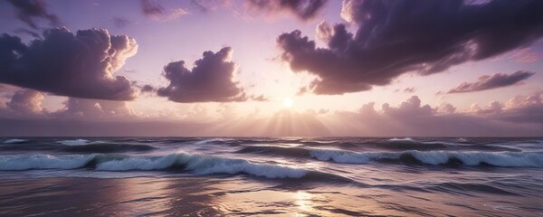 Fototapeta premium A dramatic scene of a cloudy purple sky with sunbeams illuminating the waves and creating a stunning visual effect, ocean, sky
