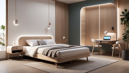 Smart guestroom with customizable lighting, AI-controlled temperature, and a foldable workspace.