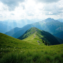 Fototapeta premium Peaceful Nature Scene with Green Hills and Cloudy Skies