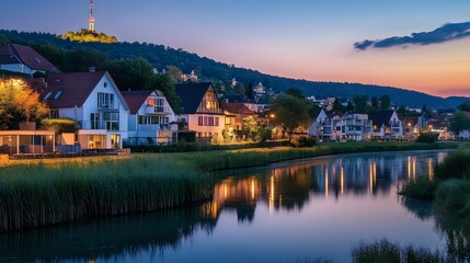 Fototapeta premium Scenic twilight view of waterfront homes, reflecting in calm river.
