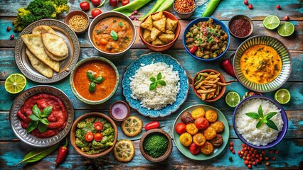 Vibrant Krishna Art Inspired Food Photography Featuring Colorful Plates and Traditional Indian Dishes for Cultural and Culinary Celebration