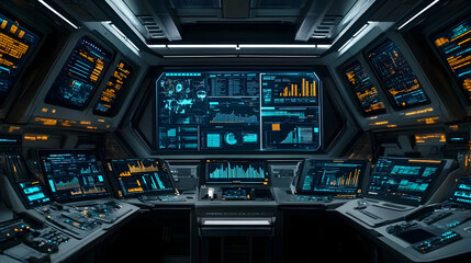 Futuristic spaceship control room interior with glowing monitors displaying data.