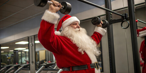 Santa Claus Exercising with Dumbbells in Gym for Festive Fitness Motivation