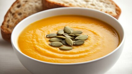 Photo of, A bowl of creamy butternut squash soup garnished with toasted pumpkin seeds, Soup in bowl