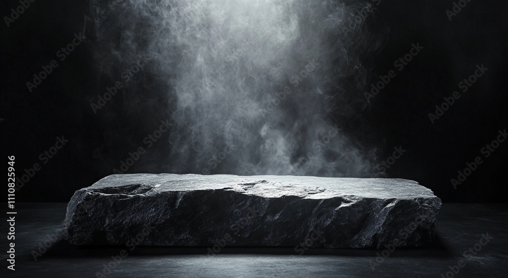Poster dark stone slab illuminated by mist with soft light in a mysterious atmosphere