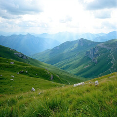 Fototapeta premium Peaceful Nature Scene with Green Hills and Cloudy Skies