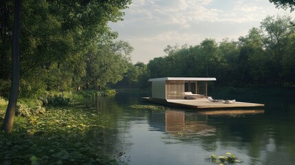 Modern floating house on calm river surrounded by lush greenery.