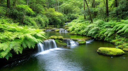 Lush Forest Stream with Cascading Waterfalls and Verdant Foliage
