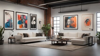 Industrial loft with AI art frames that adapt to the room’s theme and motion-sensing lights.